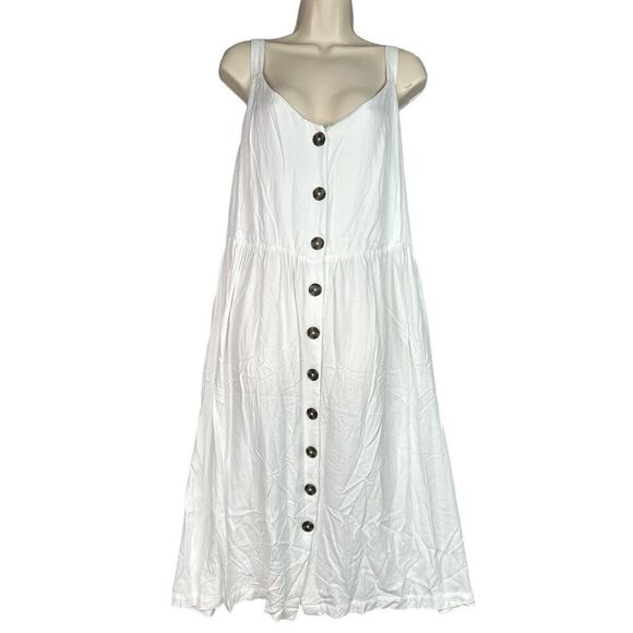 Cottagecore Midi Dress Button Front A-Line White Plus Size 24 V-Neck Smocked - Picture 2 of 16